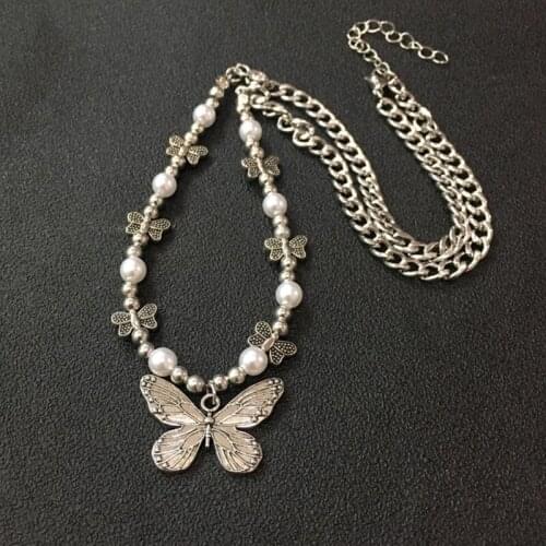 Gothic Butterfly Pendant Necklace for Women Choker Aesthetic Hippop Pearl Chain Collar Jewelry