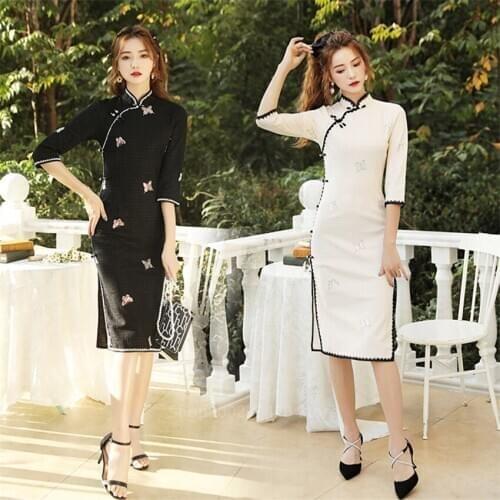 Chinese Qipao for Women Cheongsam Dress Vintage Traditional Dresses Chinese Style Lace Stand Collar Autumn Winter Retro Outfits