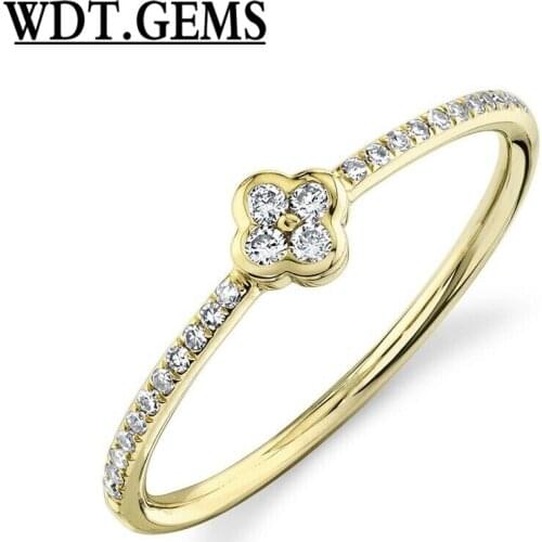 Clover Diamond Ring 10k Yellow Gold Pave Minimalist 0.13CT Round Cut Natural Diamond Ring
