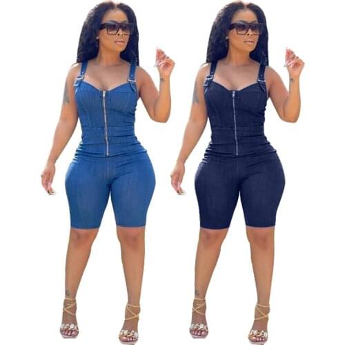 Denim Women Rompers Zipper Ladies Solid Playsuits Sexy Backless Straps Short Jumpsuits Summer Casual Skinny Overalls
