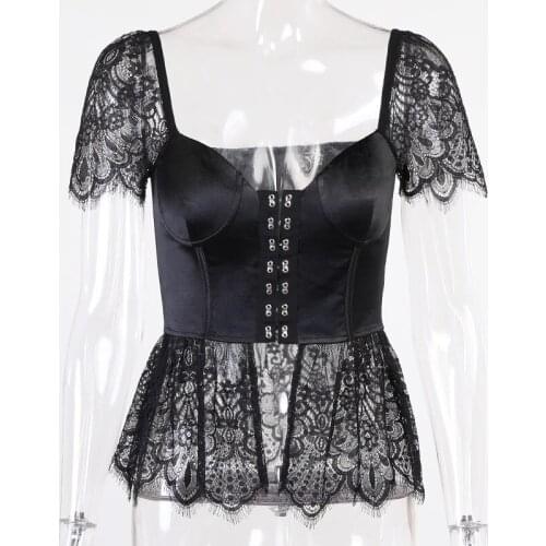 Summer new style patchwork puff sleeve V-neck buttoned lace T-shirt