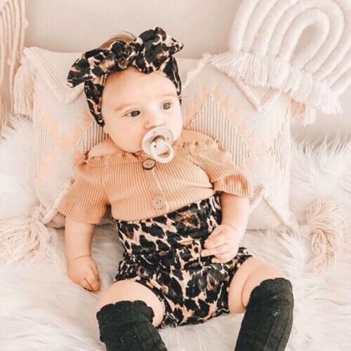 Fashion Toddler Baby Girl Knitted Clothes Short Sleeve Button Tops T-Shirt +Leopard Shorts Pants +Headband 3PCS Outfits Set