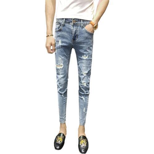 Hot 2019 Summer Slim ripped hole beggar jeans hip hop washing teenagers mens trendy feet pencil pants ankle length jeans hombre