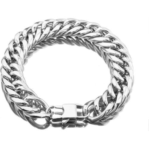 Hombres New Bracelet 9/11/13/16/20/22mm Silver Color Stainless Steel Double Cuban Curb Chain Mens Accessories 7-11inch Wholesale
