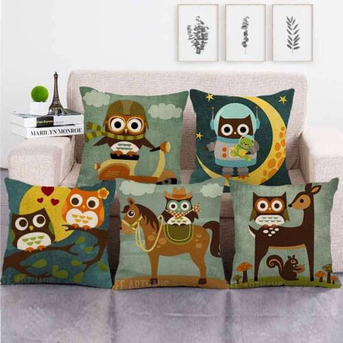 45*45cm Cartoon Owl Series Pillowcase about Fashionable Linen Leisure Home Car Bedside Cushion Comfortable Sofa Pillowcase