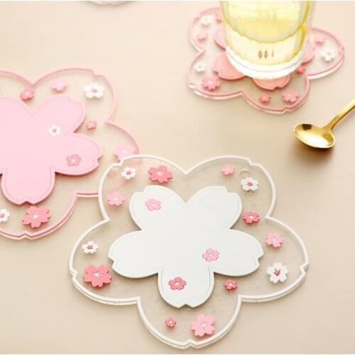 Cherry Blossom Non-Slip Coaster Heat Insulation Pad Pink Pvc Sakura Cup Water Bowl Table Mat Household Kitchen Accessories