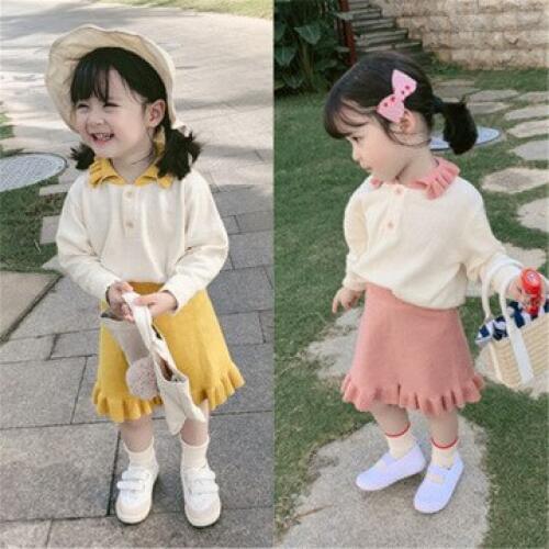 Autumn New Arrival Girl Baby Clothing Sets Fashion Lapel Wooden Ear Sweater Skirt Stylish Clothes for Girls Kids Clothes Suit
