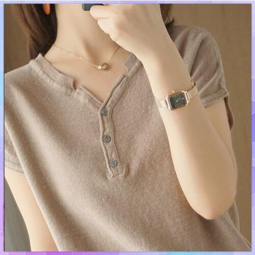 Solid Oversized Cotton T-shirt 2021 Short Sleeve Woman T-shirts Knitted V Neck Top Ladies Plus Size Korean Tops Female Summer