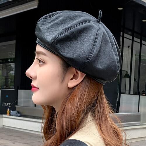 Solid Color Faux Leather Beret Flat Top PU Berets French Style Painters Hat Cap