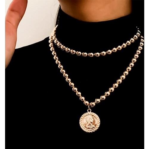 Ingemark Steampunk Acrylic Beads Women Neck Chain Necklace Vintage Gold Color Goth Couple Coin Pendants Choker Charm Jewelry New