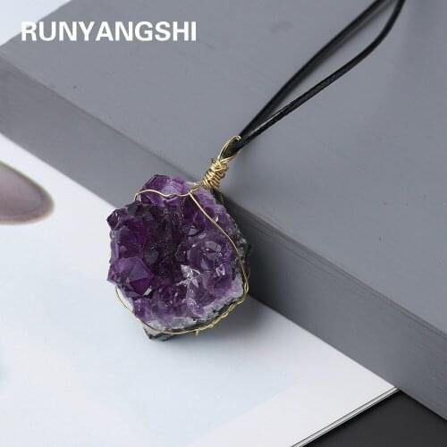 Natural Stone Pendant Necklace Deep Amethysts cluster Crystal Druzy Irregular Shape Semi-precious Chakra Reiki Raw Ore Jewel
