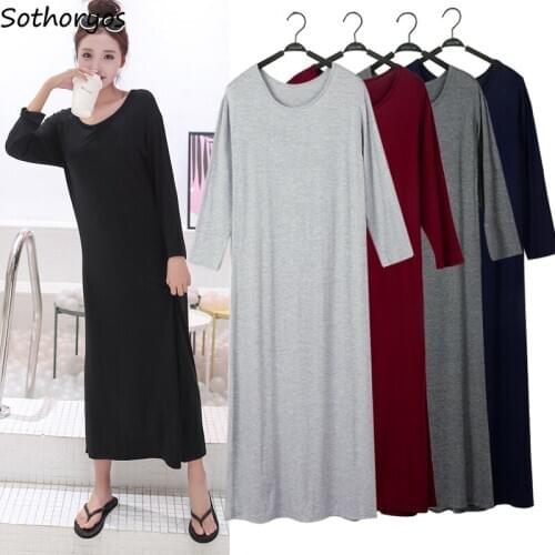 Dress Women Long Sleeve O-Neck Solid Simple All-match Korean Elegant Ladies Dresses Womens Trendy Soft Loose High Quality Chic