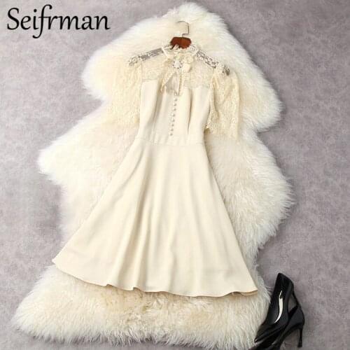 Seifrmann New 2021 Summer Women Fashion Runway Party Short Dress Short Sleeve Bow Lace High Waist Solid Printed A-Line Dresses