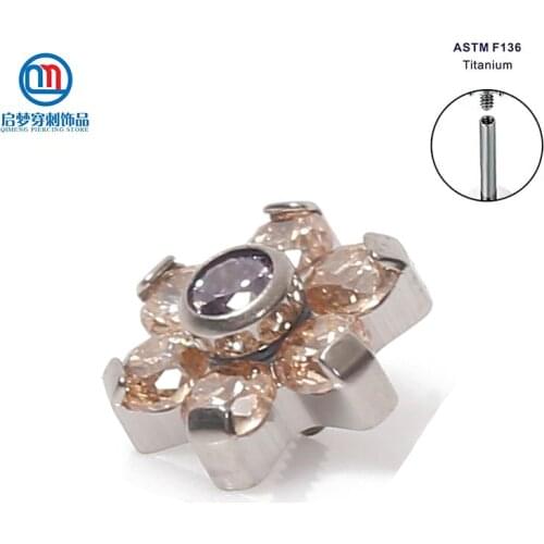Titanium Internally Threaded Bezel Set Flower Dermal Anchor Tops Piercing
