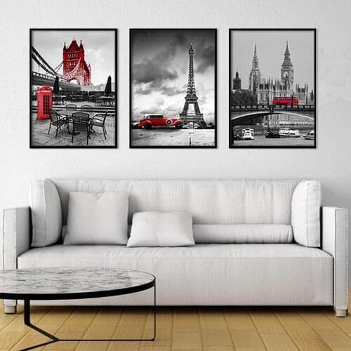 Modern City Tower Bridge Red Bus Black White Picture Posters Canvas Painting Print Wall Art For Living Room Bedroom Home Decor