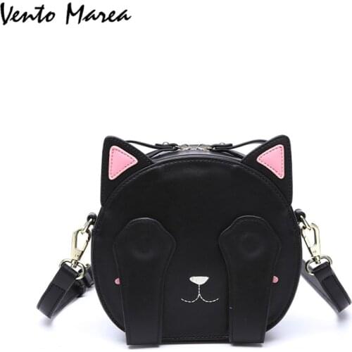 Cat Cross Body Bag Black Handbag Cute Animal Circular Bag PU Leather Woman Messenger Bags Embroidery 2018 Free Shipping