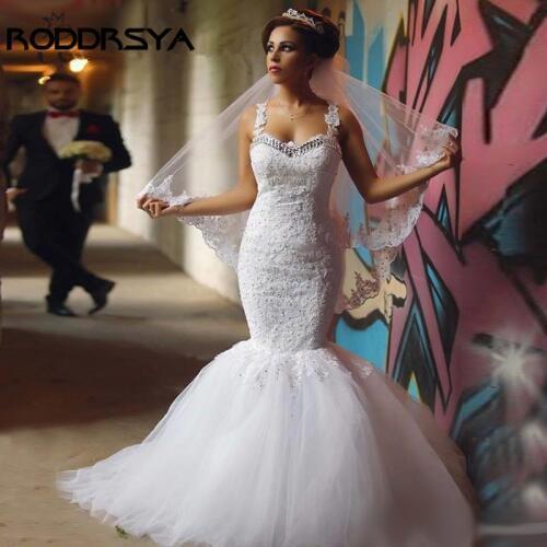 RODDRSYA African Bride Wedding Dress 2019 Crystal Beading Lace Appliques Tulle Illusion Back Mermaid Wedding Gow