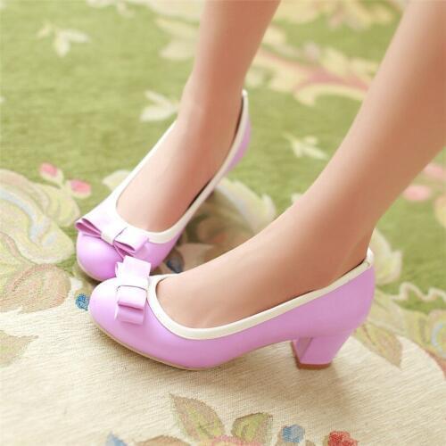 High Heels Shoes Women Pumps Round Toe Bow Sweet Women Shoes Chunky Heels Slip on Spring Footwear Big Size 9 42 43 Pink Purple