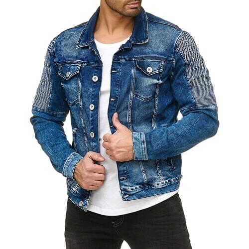 Spring and Autumn new ripped long sleeve pleated fashionable denim jacket solid color slim fit men‘s denim jacket coat