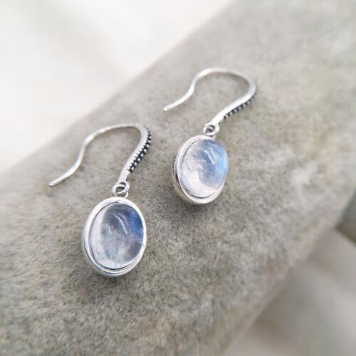 Vintage 925 Sterling Silver set Oval Natrual Moonstones Drop Dangle Hook Earrings For Women Girls Jewelry Orecchini Aros Aretes