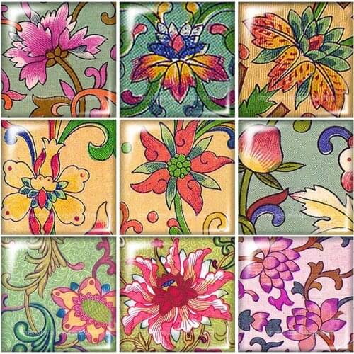 Vintage Drawing Flowers Square glass cabochon mixed 12mm/20mm/25mm/30mm Size flat back DIY Jewelry Findings Components FB0008