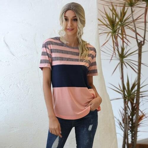 Women Fashion Stripe Print Patchwork Color Short Sleeve O-neck T-shirt Top Summer Casual Loose Korean Ladies Clothes Elegant Tee
