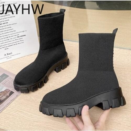 JAYHW Womens Boots 2021 New Flying Knit Socks Thick-soled High-top Casual Sports Shoes Large Size Womens Shoes Socks Boots