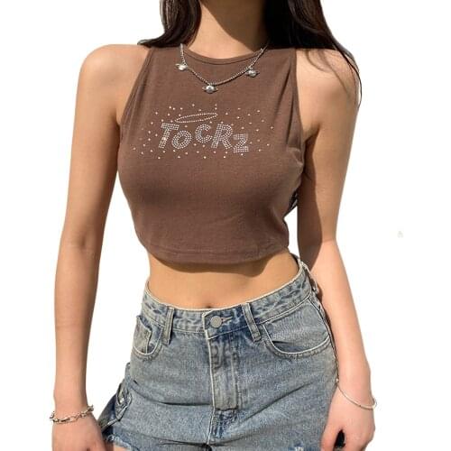 Womens Casual Tank Tops, Sleeveless Crew Neck Rhinestone Slim Fit Workout Crop Tops