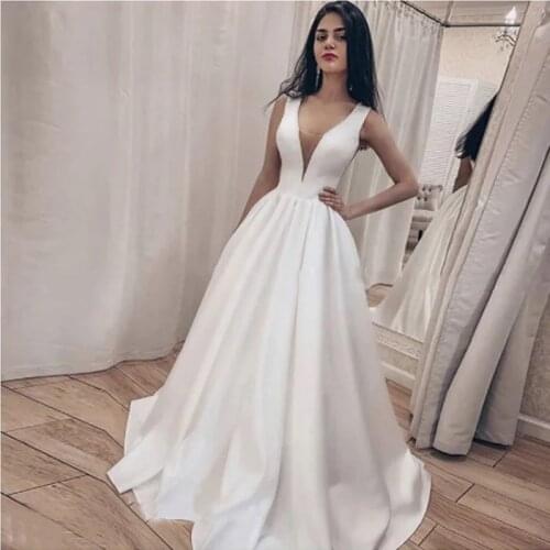 AE0771 платье Deep V-neck Elegant Satin Wedding Dress Robe De Mariée Bride To Be Long Bride Gown Vestido De Novia
