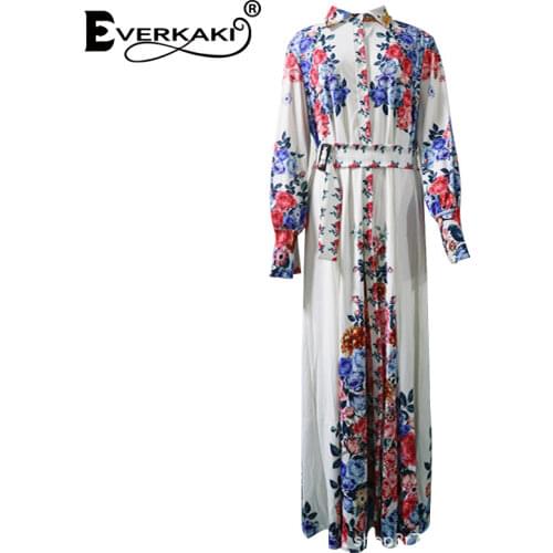 Everkaki Boho Floral Print Maxi Shirtdress Women with Sashes Long Sleeve Elegant Ladies Party Chic Long Shirt Dress Female 2021