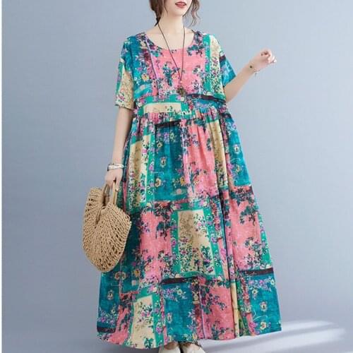 Oversized Dress 2021 New Arrival Short Sleeve Loose Summer Dress Cotton Linen Print Floral Vintage Women Travel Casual Dress