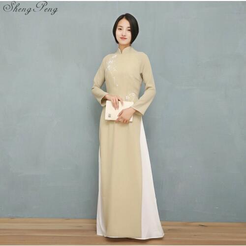 2018 autumn AoDai women qipao Chinese style Elegant Qipao Stand Collar Long Sleeve Casual Chiffon Long aodai qipao Q453