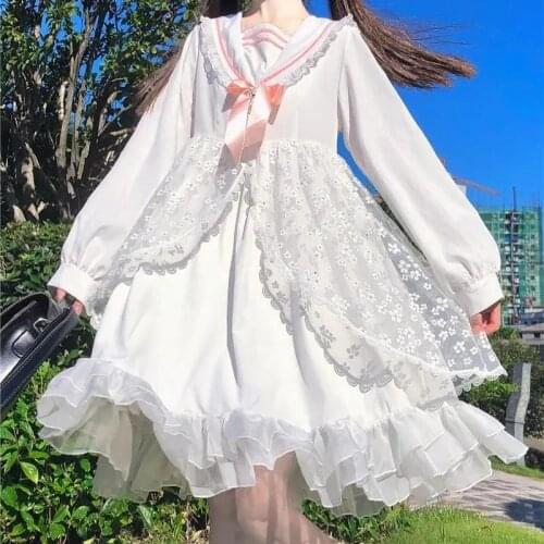 Heydress white Lolita Girl Dress Alice In Wondeland Cute Japanese sailor collar Lace Bow party dress Harajuku Fairy Vestidos