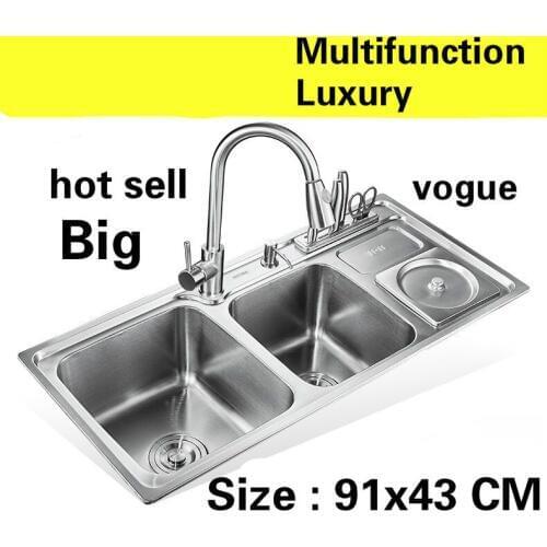 Free shipping Apartment kitchen double groove sink vogue do the dishes food-grade 304 stainless steel hot sell 91x43 CM
