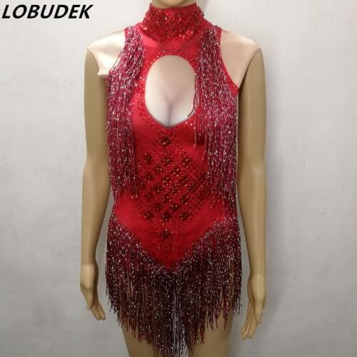 Red Rhinestones Tassels Bodysuit 5 Colors Crystals Sleeveless Skinny Jumpsuit Nightclub Women Sexy DJ DS Costume Dance Wears