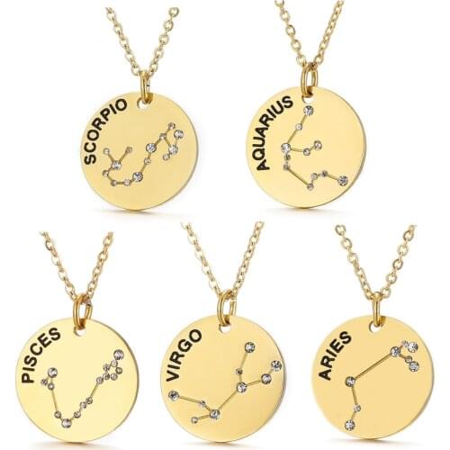 Constellation Coin Necklace Zodiac Signs Constellation Horoscope Crystal Astrology Galaxy Necklace Jewelry Birthday Friendship