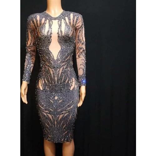 Black Rhinestones Long Sleeves Stretch Dress Birthday Celebrate Outfit Womens Printed Costume Nightclub Female Singer Dress