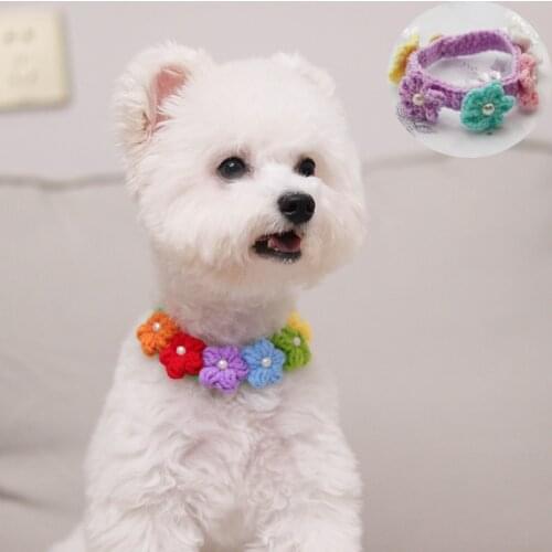 Floral Woolen Cat Necklace Sweet Bell Dog Collar Pet Scarf Cute Kitty Accessories Puppy Neck Strap with Pearl Yorkie Chihuahua