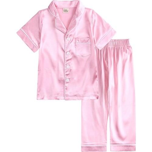 Children Kids Pyjamas Silk Satin Tops + Pants Spring Summer Solid Color Short Sleeve Sleepwear Girl Boys Nightwear Pajama Sets