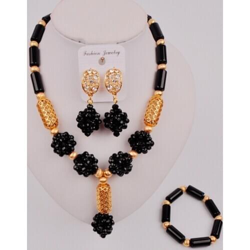 In Fashion Black Nigerian Wedding Necklace Crystal Beaded African Jewelry for Women SJZQ6-6