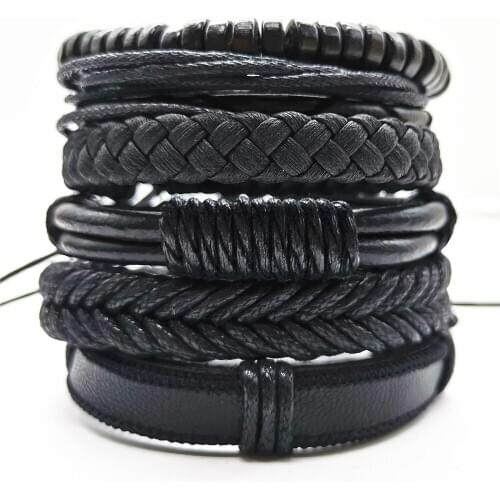 Black Bead Handmade Men Bracelets 6pcs/set Brown Weave Fashion Rope Wrap Pu Leather Bracelets Women Jewelry Accessories