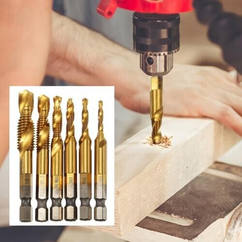 6pcs Twist Drill Bit Set 1/4 inch Hex Shank M3-M10 Thread HSS Drilling Tap Bits Strong Toughness Metal Portable Supplies