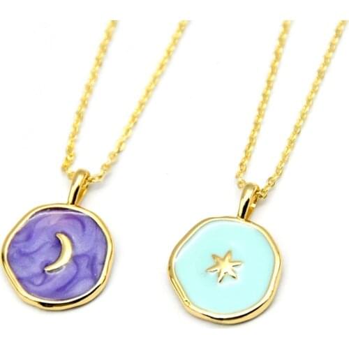 New Arrival Purple Blue Enlame Star Moon Coin Shape Pendant Necklace Fashion Women Jewelry Making Findings 20pcs