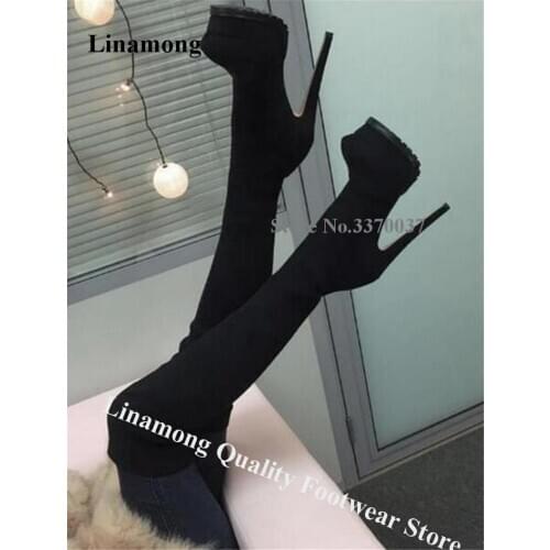 Women New Fashion Round Toe Over Knee Slim Style High Platform Boots Suede Leather Elastic Thigh High Stiletto Heel Boots