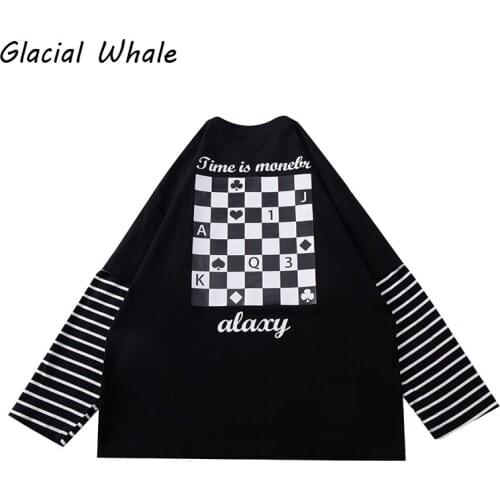GlacialWhale Clothing Mens New Autumn Fake Two-piece Lattice Printed T-shirt Male Hip Hop Japanese Streetwear Long-sleeved Mens