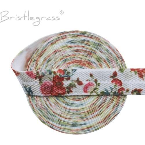 BRISTLEGRASS Wholesale 50 Yard 5/8" 15mm Butterfly Peony Flower Print Fold Over Elastics FOE Spandex Satin Bands Hair Tie Sewing