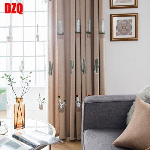 Simple Modern Ins Cactus Cotton and Linen Brushed Embroidered Shade Cloth Curtins for Living Room Bedroom Curtain Blackout