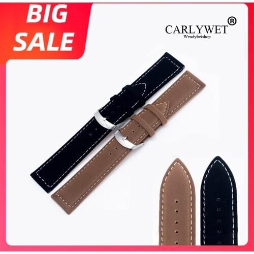 CARLYWET 18 22mm Top Quality Suede Leather Black Brown Watch band Strap Belt Silver Polished Pin Buckle For Rolex Omega Tissot