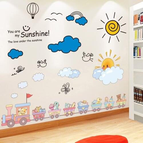 [SHIJUEHEZI] Toys Train Wall Stickers DIY Cartoon Clouds Sun Wall Decals for Kids Rooms Baby Bedroom Nursery Home Decoration