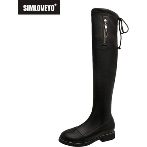 SIMLOVEYO INS ZA Women Knee High Boots Full Cow Leather Warm Boots Thick High Heels Motorcycle Boots Punk Shoes Woman High Boots